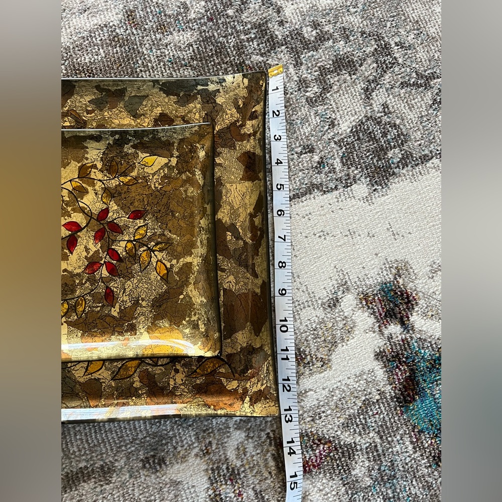 Two piece Catch All glass art tray set neutrals red yellow decorative bundle EUC - Picture 8 of 9
